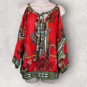 ECI Cold Shoulder Long Sleeve Blouse Multicolor Red, Pink, Green, White Size M